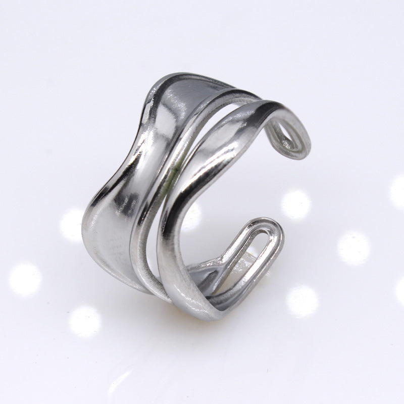 Pleated Hollow Ornament Hip Hop Cold Titanium Steel Women's Open Adjustable Ring