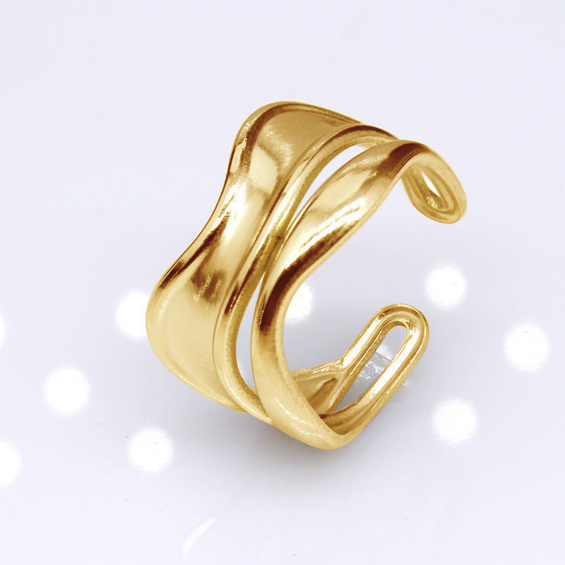 Pleated Hollow Ornament Hip Hop Cold Titanium Steel Women's Open Adjustable Ring