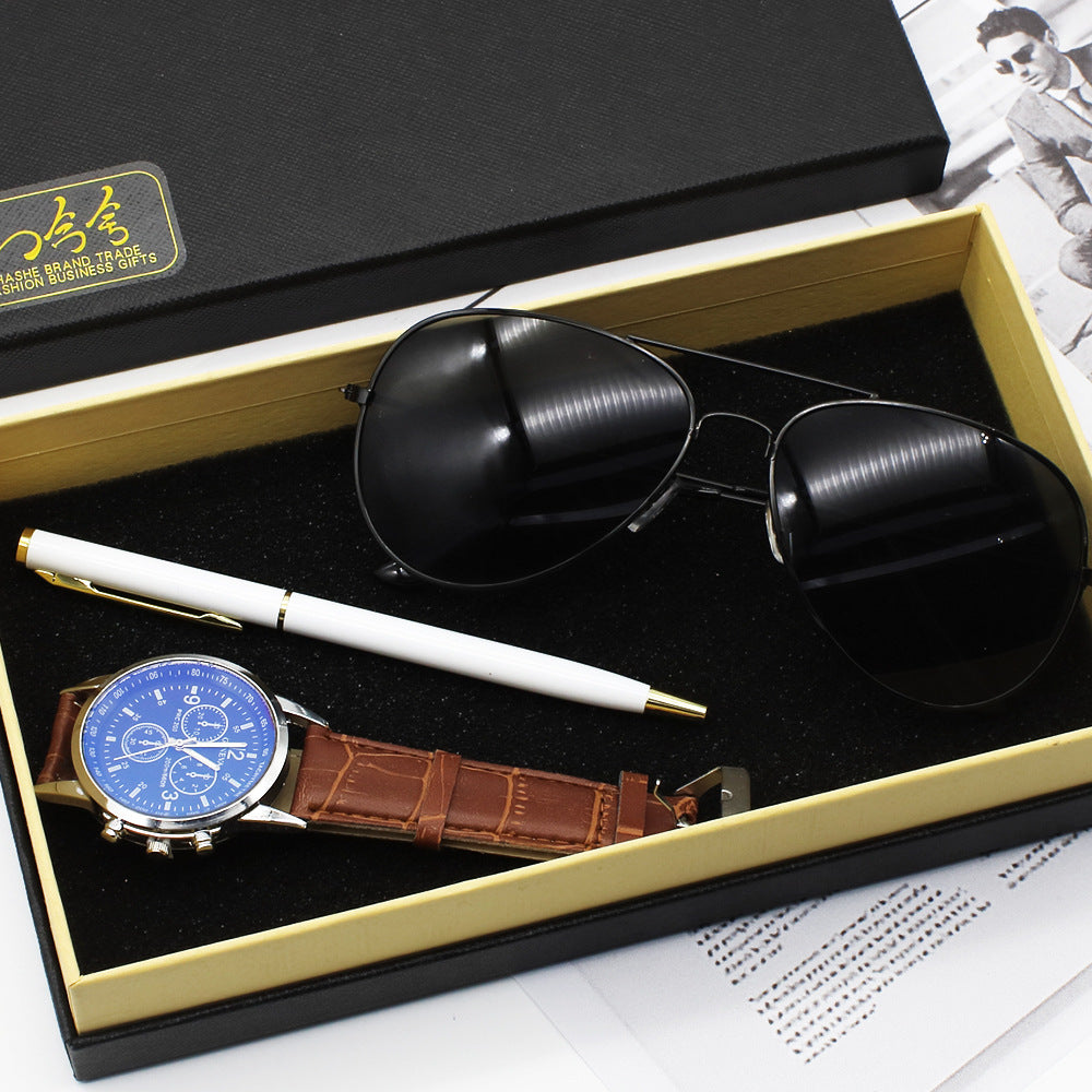 Elegant Men’s Accessory Set With Watch, Pen, And Sunglasses