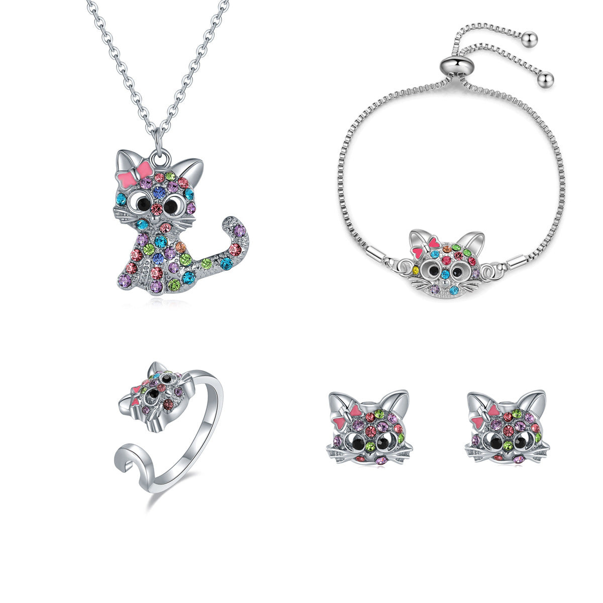 Diamond Cat Necklace Bracelet Ear Studs Ring Children's Ornaments Gift