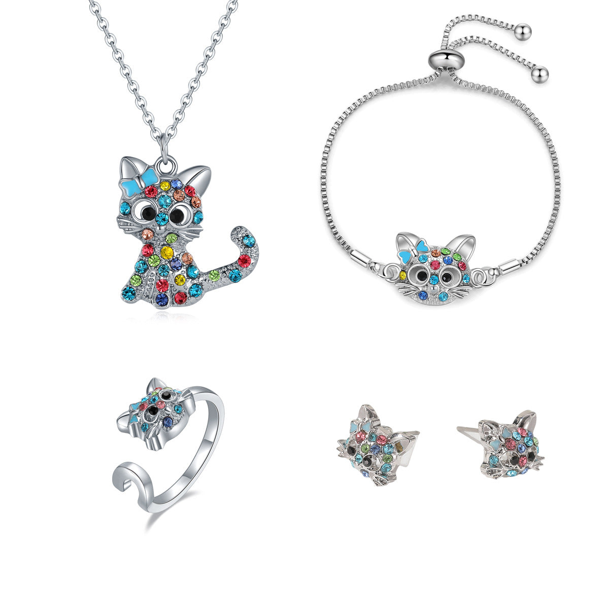 Diamond Cat Necklace Bracelet Ear Studs Ring Children's Ornaments Gift