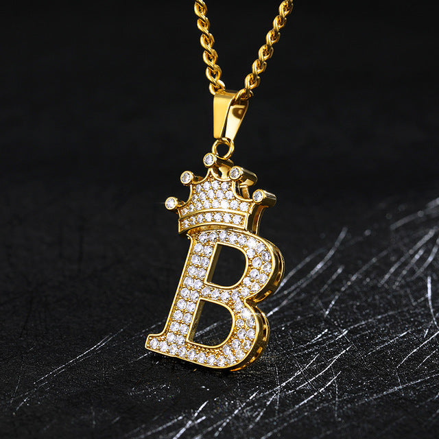 Crown Pendant Stainless Steel Letter Necklace