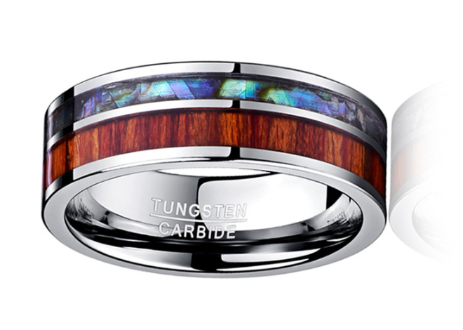 8MM Wide Tungsten Steel Ring With Polished Wood Grain Men's Wedding Rings