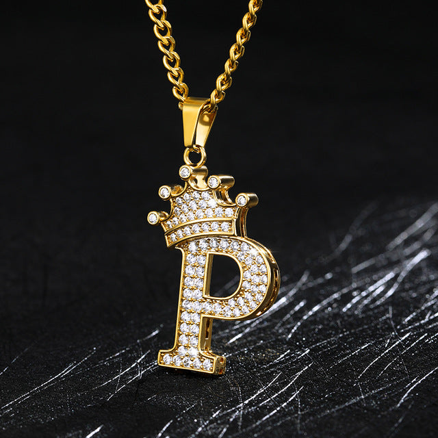 Crown Pendant Stainless Steel Letter Necklace