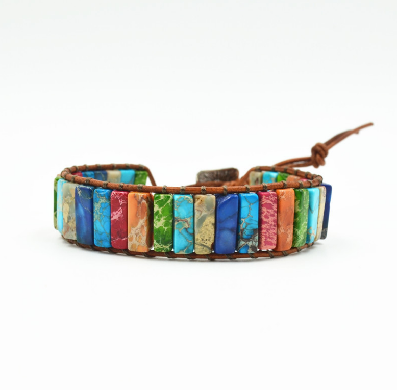 Colored Imperial Stone Hand-Woven Single-Layer Leather Bracelet Creative Ethnic Style Simple Bracelet