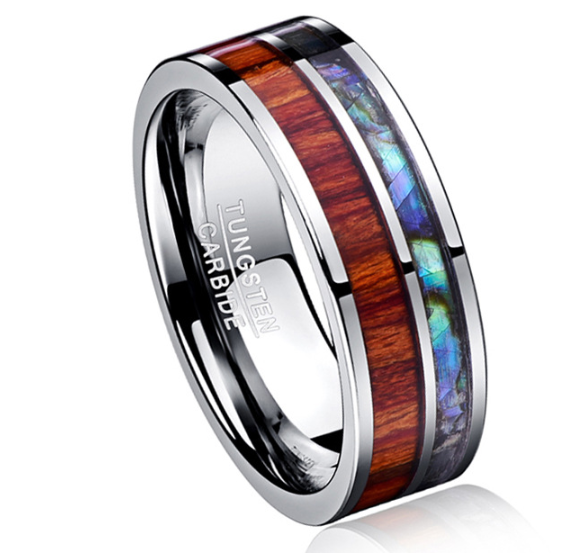 8MM Wide Tungsten Steel Ring With Polished Wood Grain Men's Wedding Rings