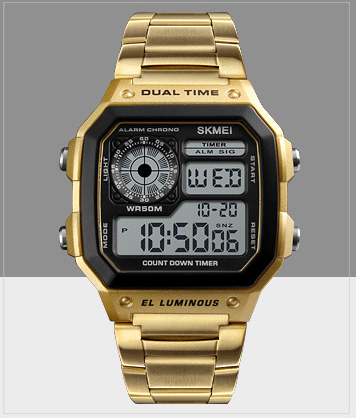 Business Steel Belt Electronic Watch Double Display Multi-Function Sports Waterproof Watch