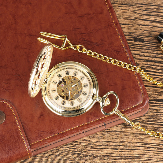 Fashionable Golden Roman Characters Hollow-Out Petals Retro Mechanical Pocket Watch