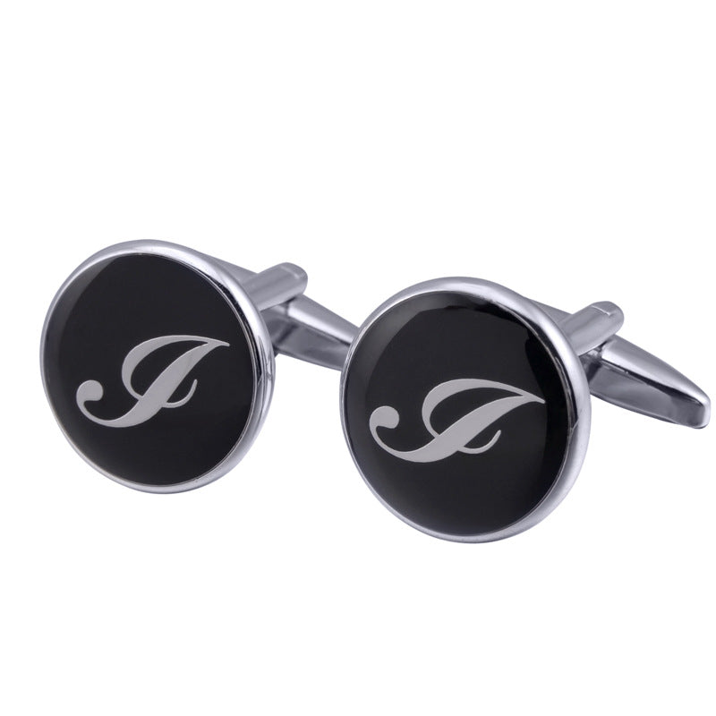 French Cufflinks Black Round Enamel Traditional Letter Cufflinks