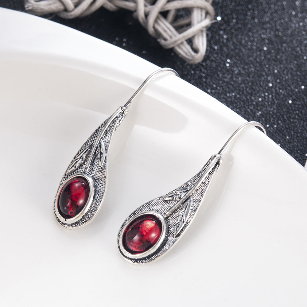 Red Gem Vintage Leaf Earrings