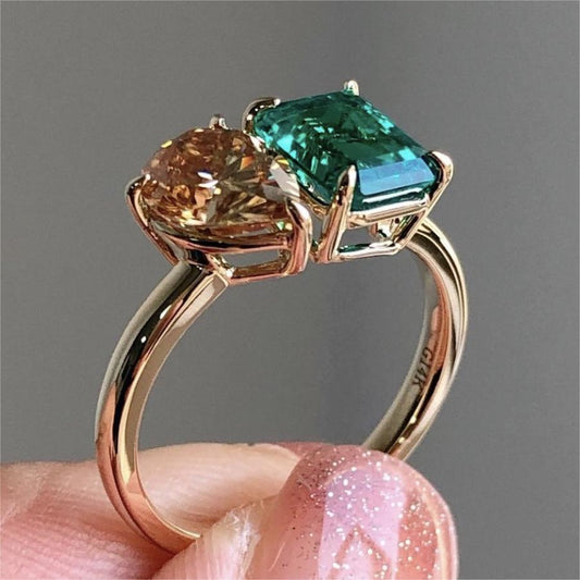 Fashion Jewelry | Creative Double Main Stone | Lady Green Yellow Zircon Square Stone Ring | Female Luxury Crystal Engagement Ring | Classic Gold Color Wedding Rings For Women | Minimalist Bands