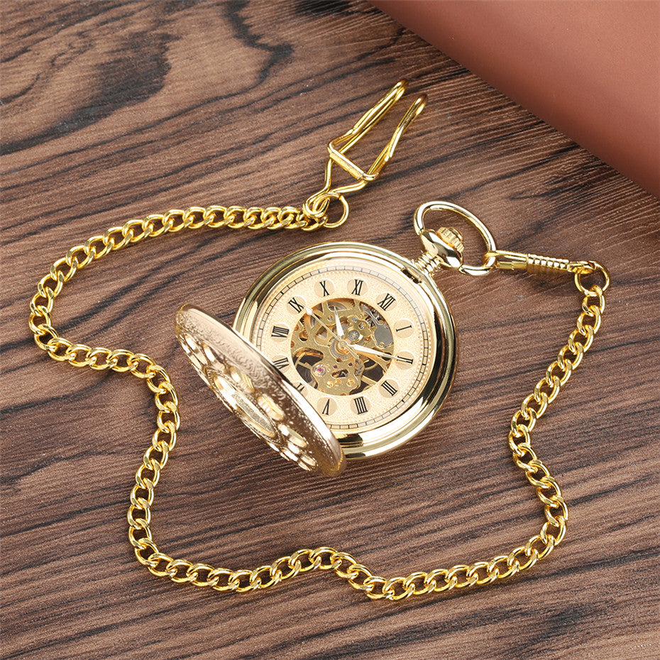 Fashionable Golden Roman Characters Hollow-Out Petals Retro Mechanical Pocket Watch