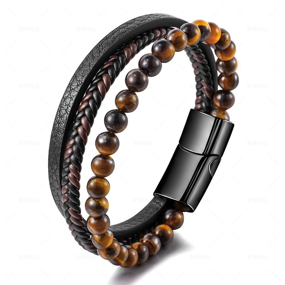 Stainless Steel Natural Tiger Eye Stone Bracelet With Beads For Men