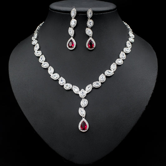 Colorful Zircon Necklace Earrings Clavicle Chain Female Noble Luxury Wedding Dress Three-Piece Set