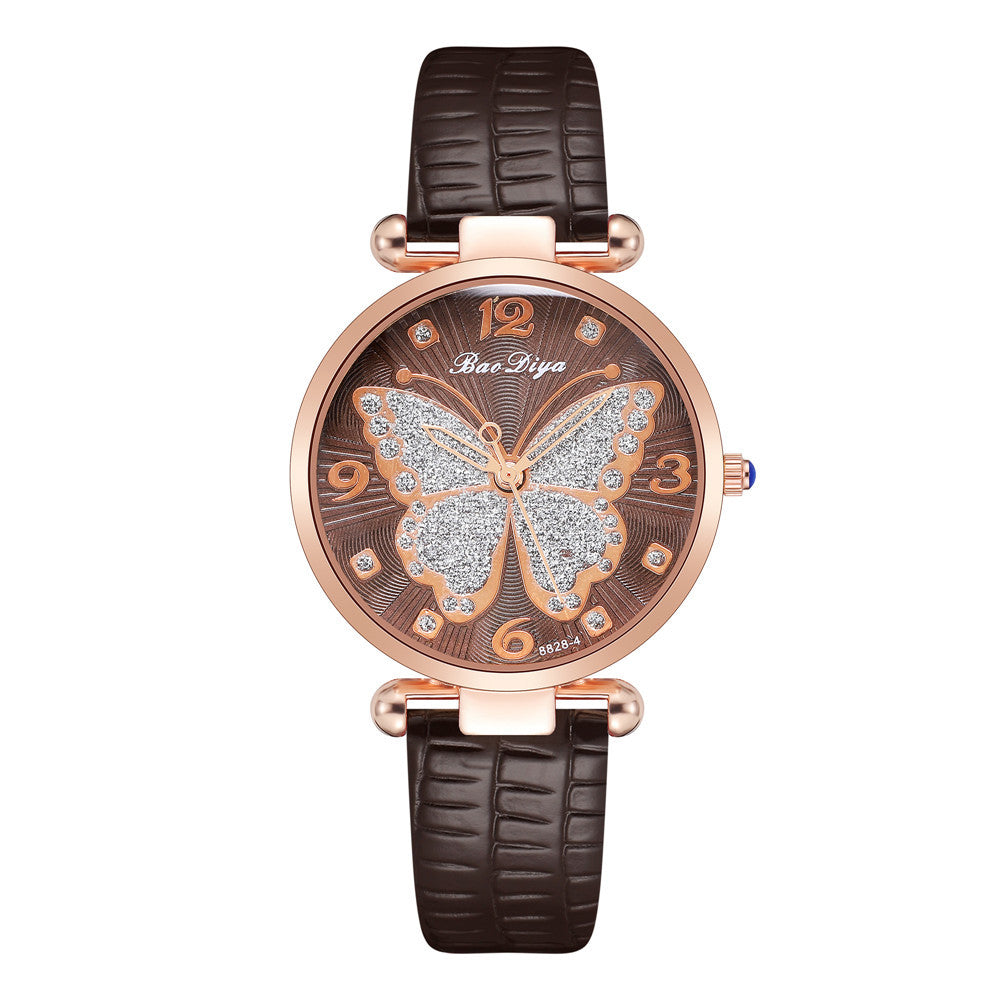 Glitter Butterfly Pattern Quartz Ladies Casual Belt Watch