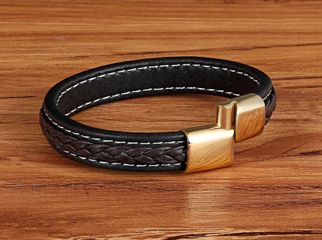 Cross Woven Design Leather Bracelet Stainless Steel Magnetic Buckle Bracelet