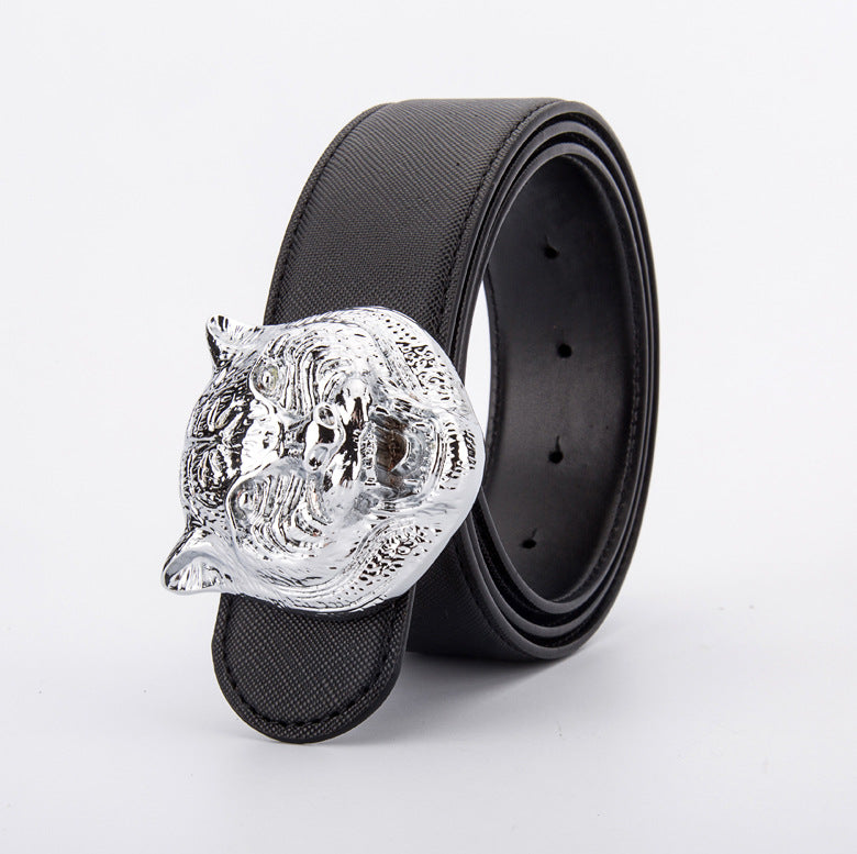 Tiger Head Buckle Leather Belt - Unisex, Durable, And Stylish