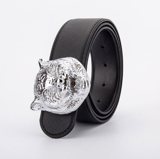 Tiger Head Buckle Leather Belt - Unisex, Durable, And Stylish