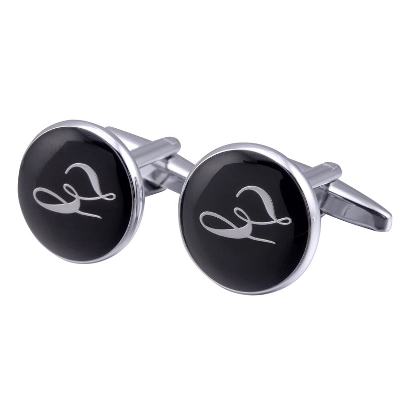 French Cufflinks Black Round Enamel Traditional Letter Cufflinks