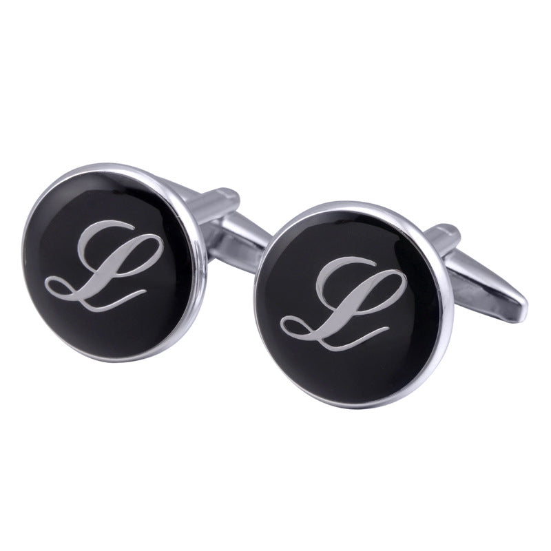 French Cufflinks Black Round Enamel Traditional Letter Cufflinks