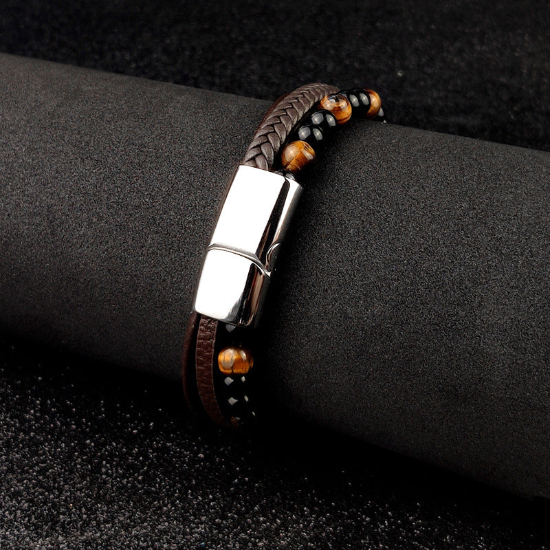 Men's Bead Leather Bracelet Tiger Eye Woven Leather Bead Bracelet