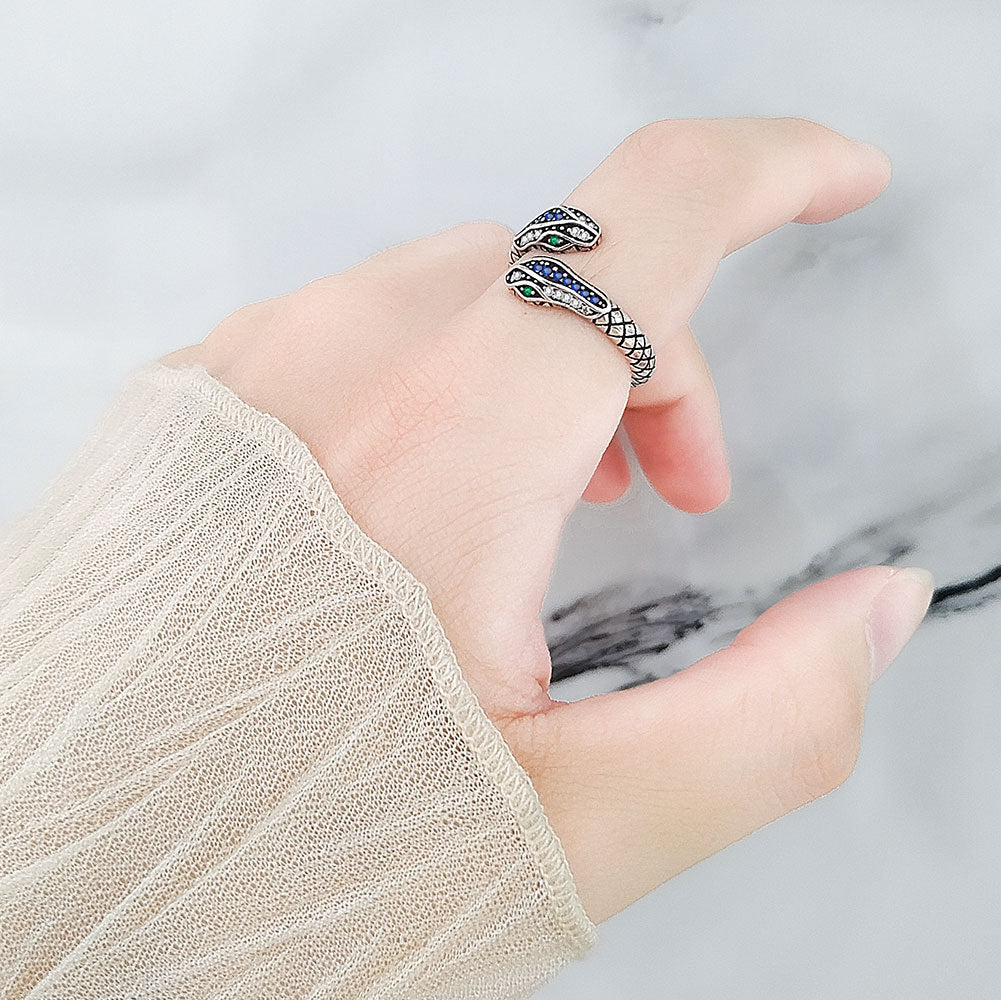 S925 Sterling Silver Diamond Retro Snake Ring Personalized Hip Hop Ornament