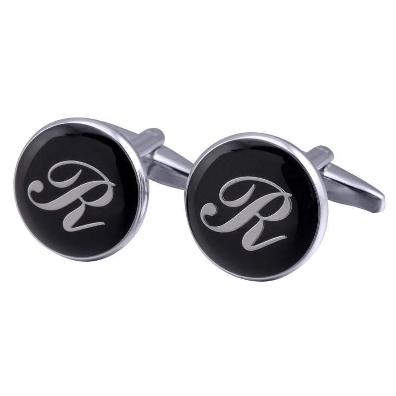 French Cufflinks Black Round Enamel Traditional Letter Cufflinks