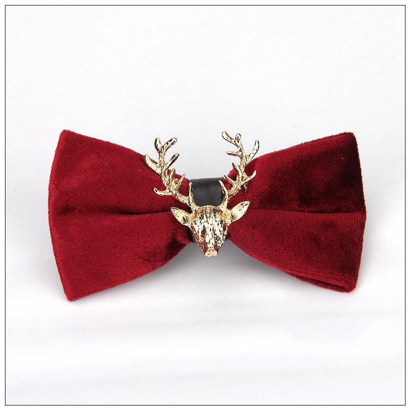 Gold Velvet Christmas Elk Head Wedding Bow Tie