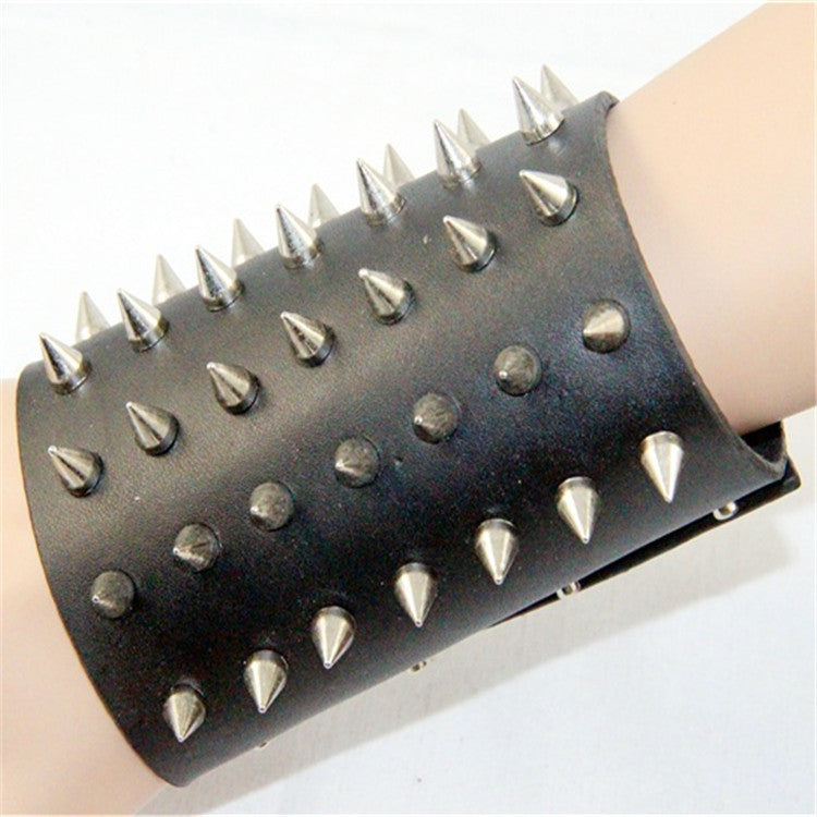 Black Leather And Metal Spike Bracelet