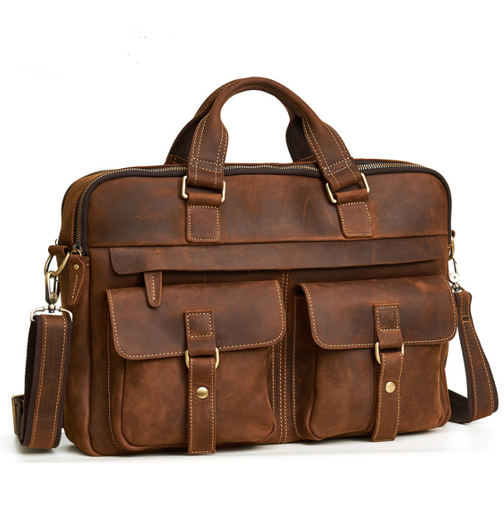 Genuine Men''S Bags Retro Men''S Business Bags Briefcase Cowhide Oblique Bag 15.6 Inch Laptop Bag