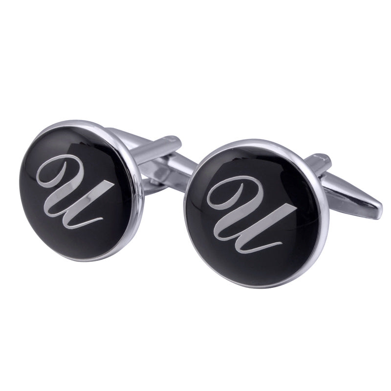 French Cufflinks Black Round Enamel Traditional Letter Cufflinks