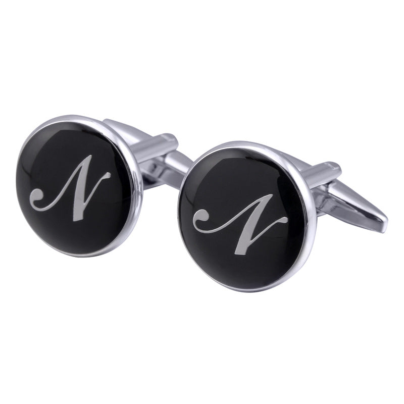 French Cufflinks Black Round Enamel Traditional Letter Cufflinks