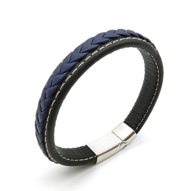 Cross Woven Design Leather Bracelet Stainless Steel Magnetic Buckle Bracelet