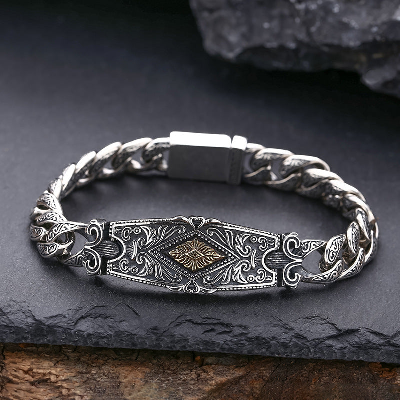 Sterling Silver Pattern Bracelet Tang Grass Men Thick Type