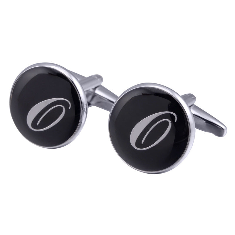 French Cufflinks Black Round Enamel Traditional Letter Cufflinks