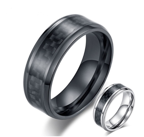 Black Carbon Fiber Inlay Men's Wedding Brand Ring Stainless Steel Jewelry 8MM