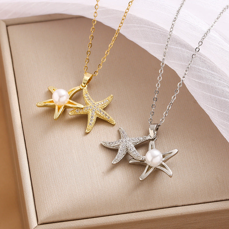 Full Rhinestone Zircon Sea Summer Star Pearl Pendant Titanium Steel Ladies Clavicle Chain