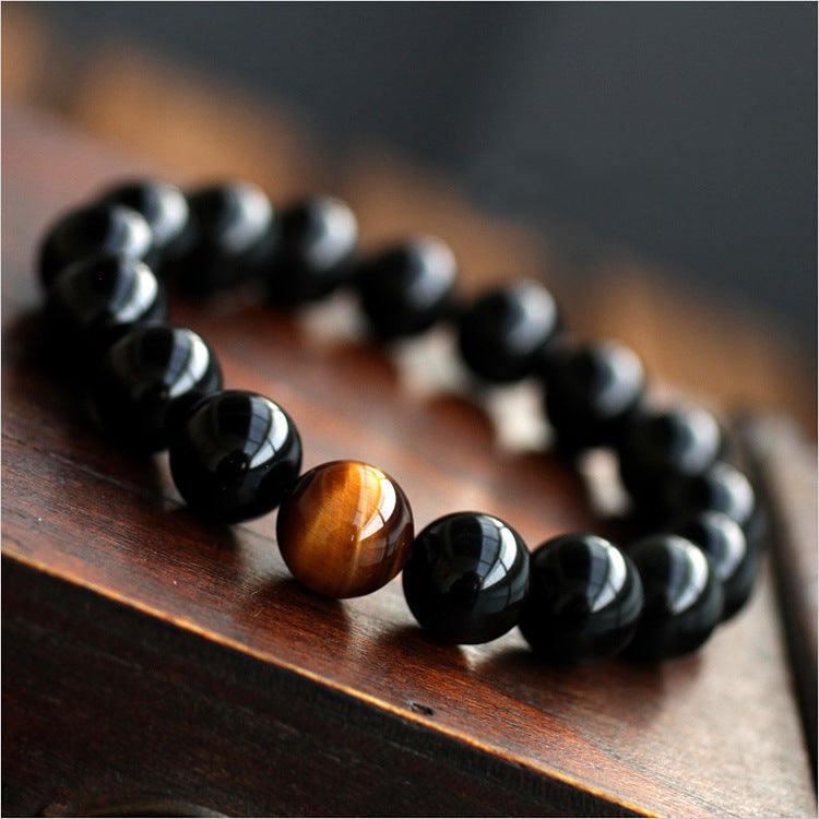 Natural Black Onyx With Stone Tiger Eyes Energy Bracelet