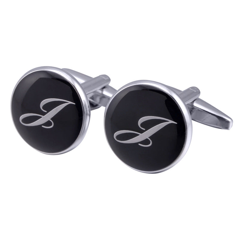 French Cufflinks Black Round Enamel Traditional Letter Cufflinks