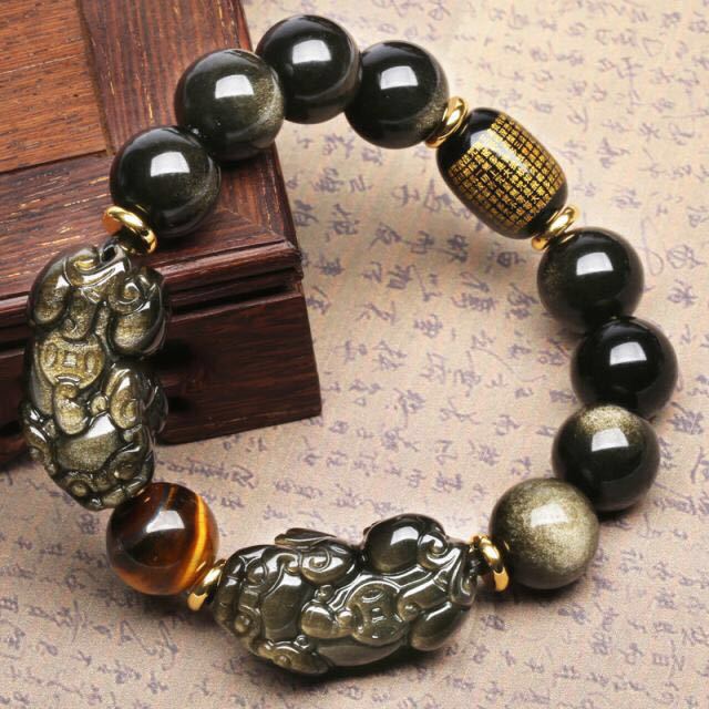 Men’S Gold Obsidian Double Hook Bracelet