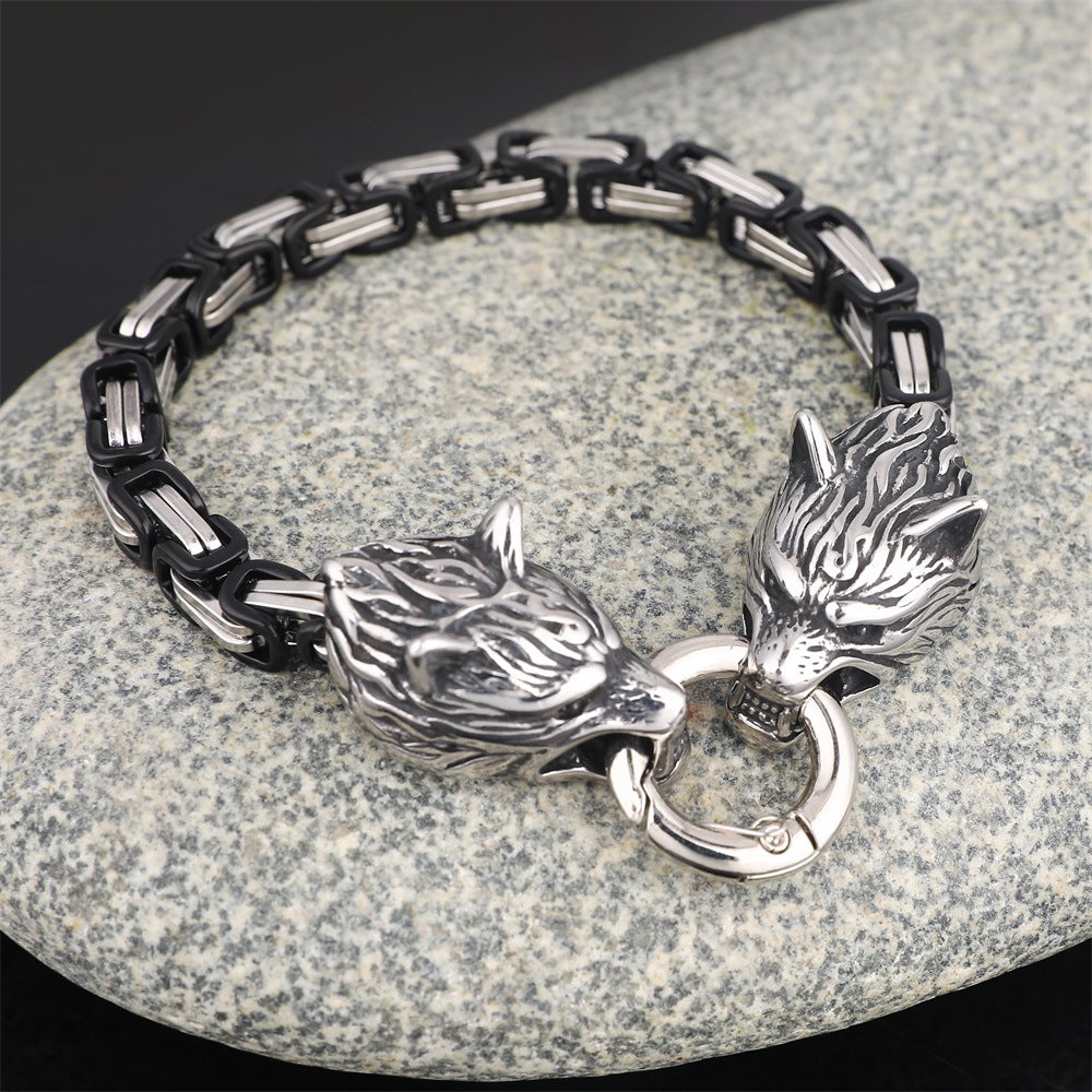 Stainless Steel Nordic Viking Wolf Head Emperor Chain Bracelet Men