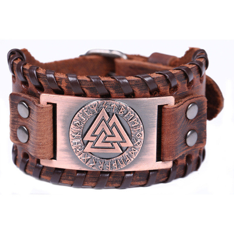 Nordic Vintage Viking Totem Leather Bracelet Odin Luenwen Men's Bracelet