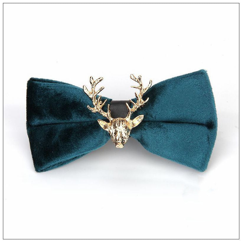 Gold Velvet Christmas Elk Head Wedding Bow Tie