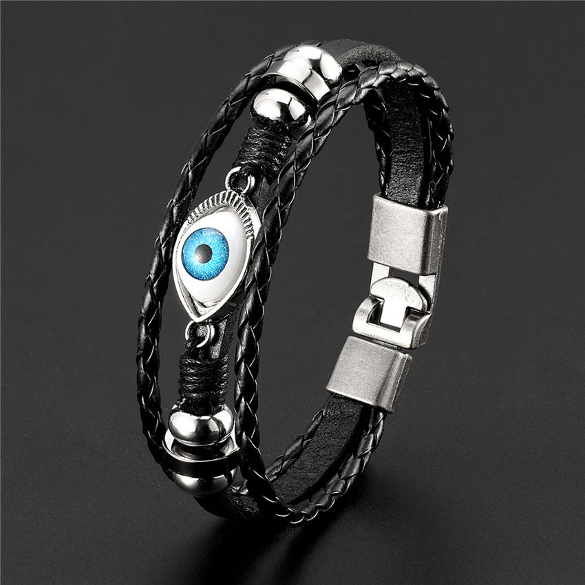 Multi-Layer Beaded Demon Eye Bracelet Double Buckle Leather Bracelet