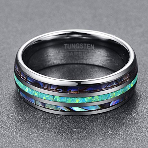 Nuncad 8MM Tungsten Caibide Wedding Ring Band Abalone Shell And Synthetic Opal For Men and Women