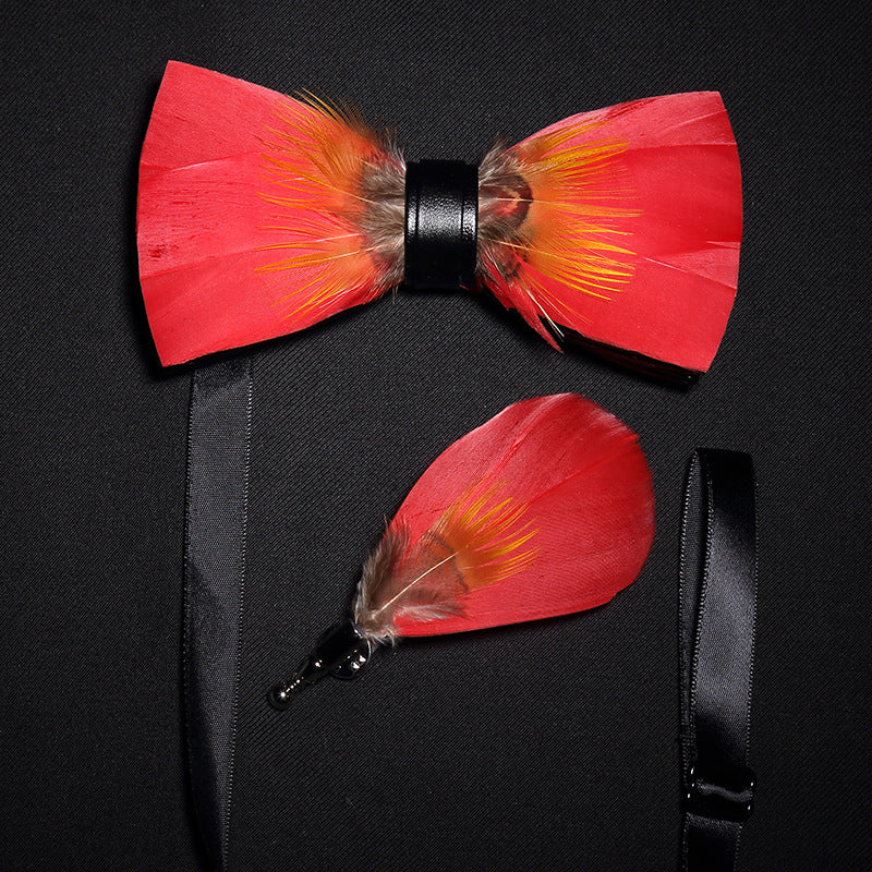 Fashion Feather Bow Tie Groomsman Brooch Collar Flower Pin