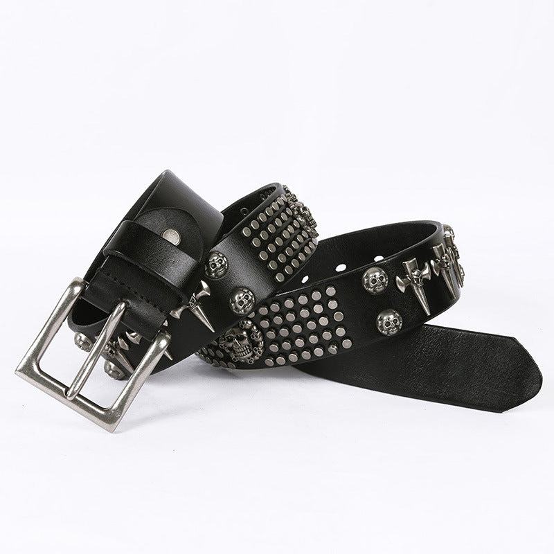 Punk Style Leather Men's Dj Belt With Skull Head All-Match Belt