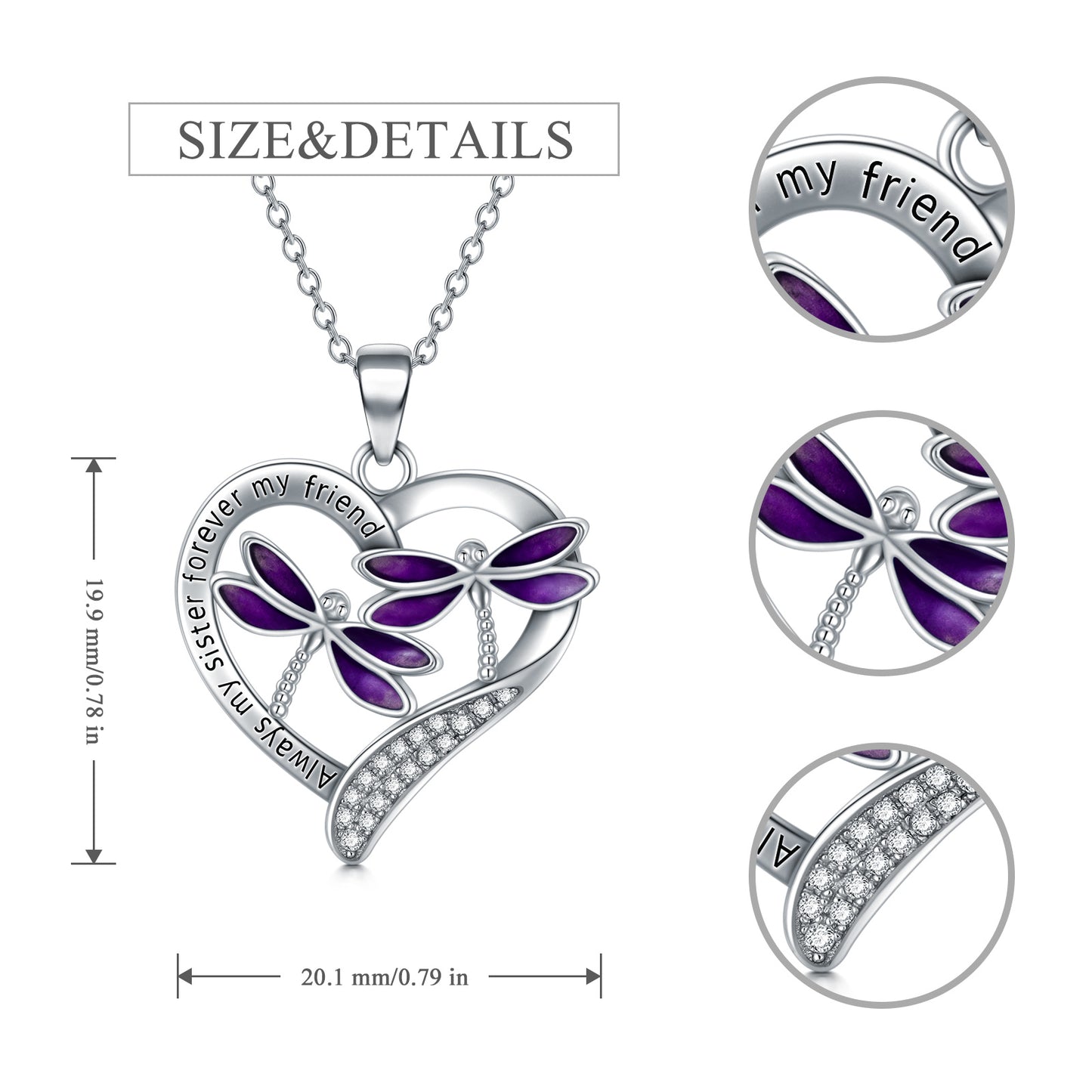 Purple Dragonfly Pendant Necklace In White Gold Plated Sterling Silver