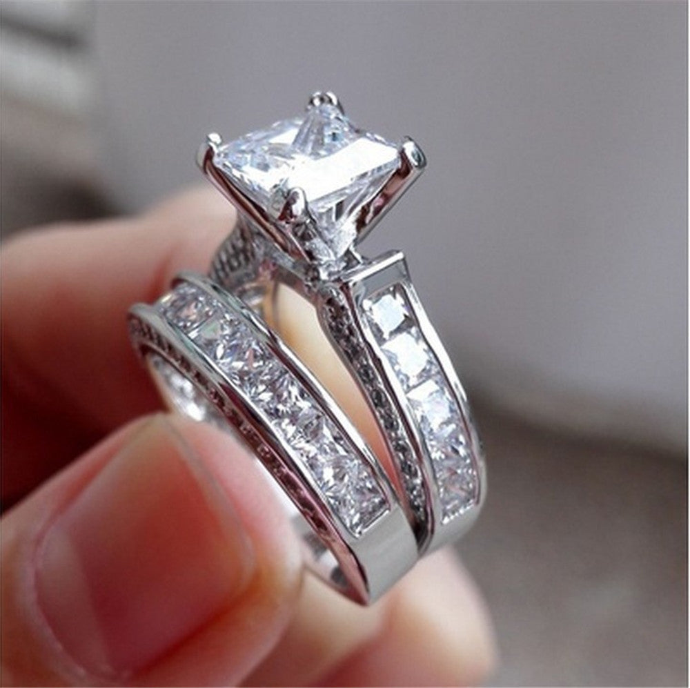 Hot Style Charm Couple Rings His Her Silver Color Princess Cut Cz Anniversary Promise Wedding Engagement Ring Sets