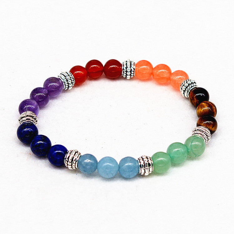 Reiki Ancient Silver Natural Stone Agate Tiger Colorful Crystal Bracelet Seven Chakra Yoga Bracelet